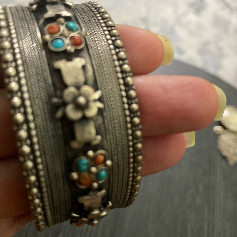 Handcrafted Silver Floral Cuff Bracelet with Turquoise & Coral Accents